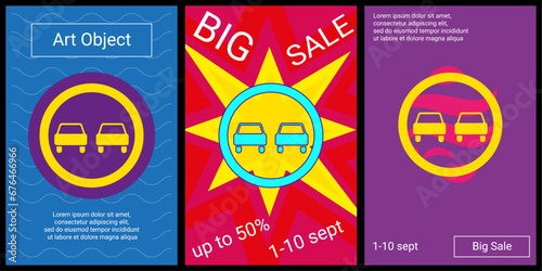 Trendy retro posters for organizing sales and other events. Large no overtaking sign in the center of each poster. Vector illustration on black background