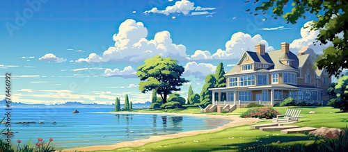 In the summer I traveled to New York and enjoyed the beautiful landscape of a luxurious beach house surrounded by the refreshing blue water and vibrant green nature while admiring the breath
