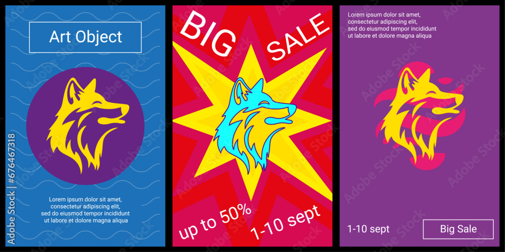 Trendy retro posters for organizing sales and other events. Large wolf head in the center of each poster. Vector illustration on black background