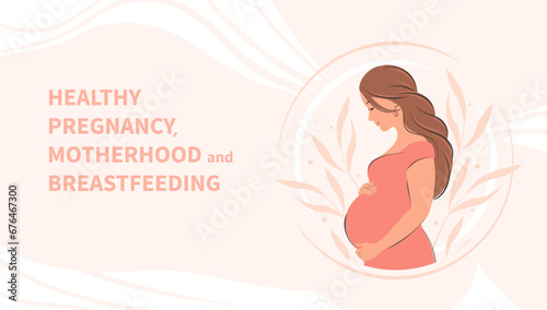 Pregnant woman, future mom. Banner about pregnancy and motherhood. Vector illustration.