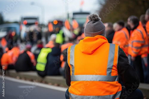 Protest activists wearing hi vis yellow orange jacket sit on a road and block traffic, crowd of protesters people fighting for their rights, A political activist protesting © Eli Berr
