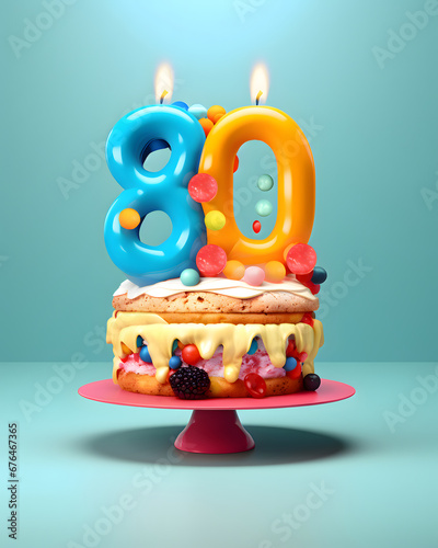 A beautiful birthday cake with a 80 years candle, sweet colors creamy pastry photo