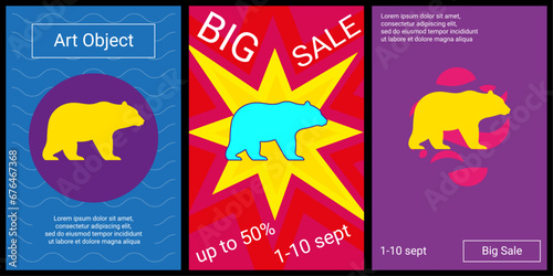 Trendy retro posters for organizing sales and other events. Large bear symbol in the center of each poster. Vector illustration on black background