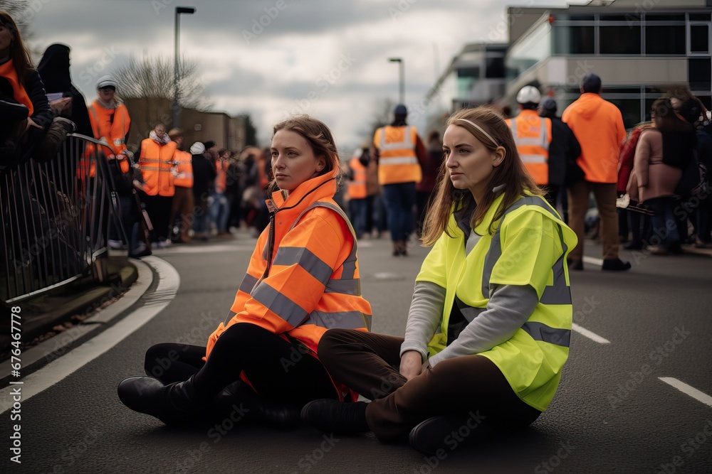 Protest activists wearing hi vis yellow orange jacket sit on a road and block traffic, crowd of protesters people fighting for their rights, A political activist protesting