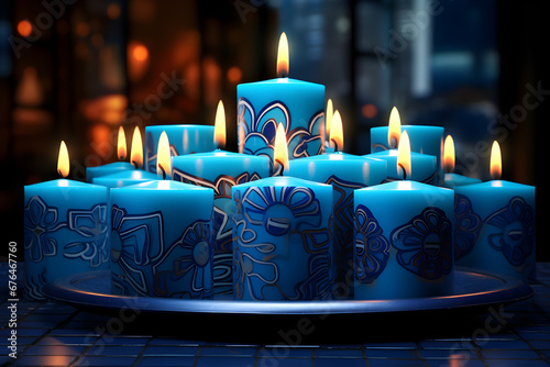 Blue candles are placed on a table as part of digital Kwanzaa celebration decor, photo