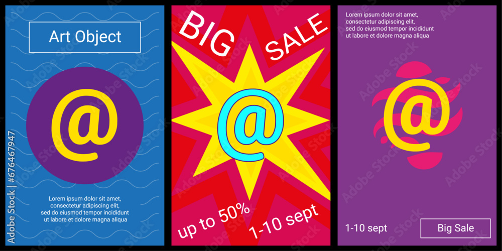 Trendy retro posters for organizing sales and other events. Large at symbol in the center of each poster. Vector illustration on black background