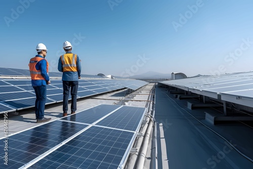 Solar panel installation being checked by two engeneers