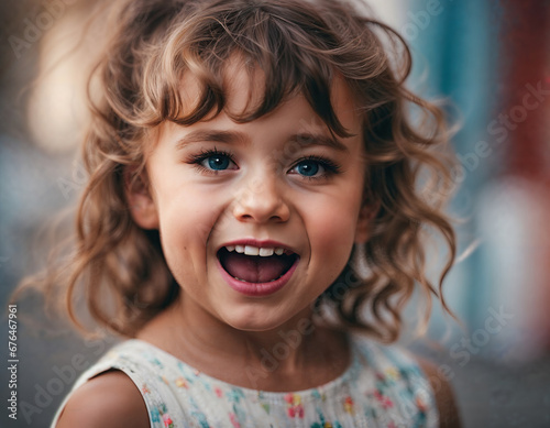 portrait of a child girl smiling joyfully on a sunny day