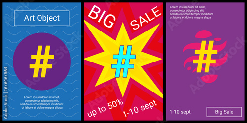 Trendy retro posters for organizing sales and other events. Large hash symbol in the center of each poster. Vector illustration on black background