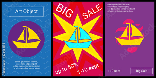 Trendy retro posters for organizing sales and other events. Large sailing boat symbol in the center of each poster. Vector illustration on black background