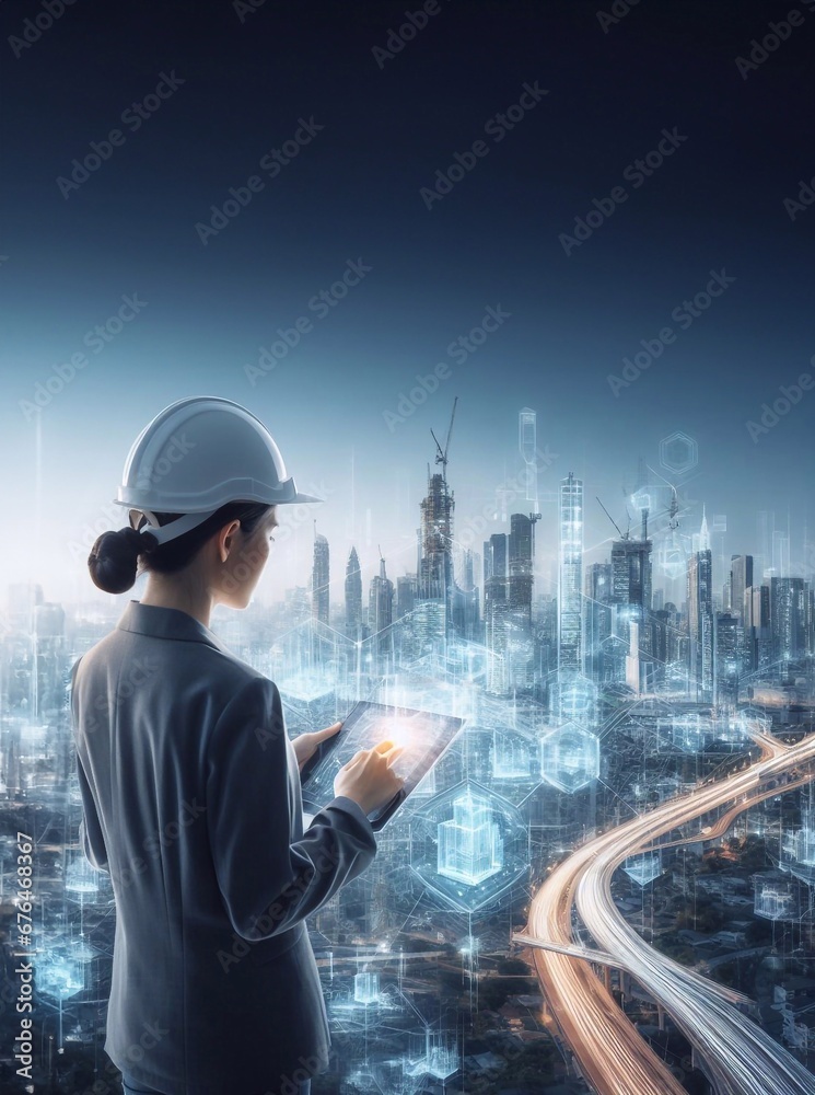 Engineer is using a tablet with a holographic graphic. the background is a large modern city generative ai illustration art Engineer is using a tablet with a holographic graphic. the background is a large modern city generative ai illustration art