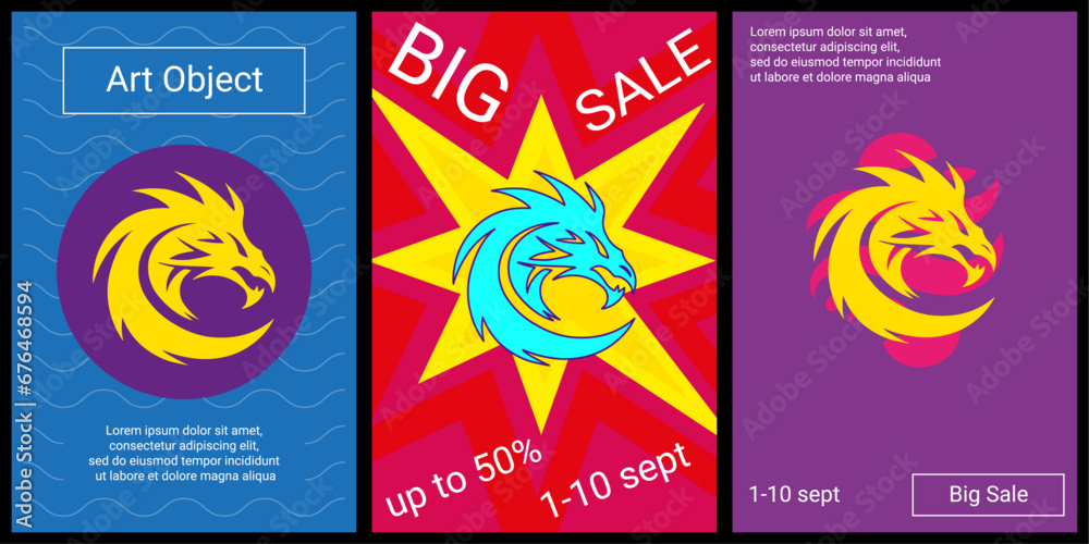 Fototapeta premium Trendy retro posters for organizing sales and other events. Large dragon's head symbol in the center of each poster. Vector illustration on black background
