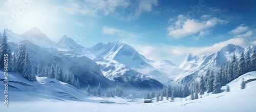 In the winter against a pristine white snow covered landscape the majestic mountains stand tall adorned with ice covered trees and framed by fluffy clouds creating a breathtaking and serene 