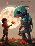 A little boy is giving a flower to an alien soldier with moon backgound. Generative AI