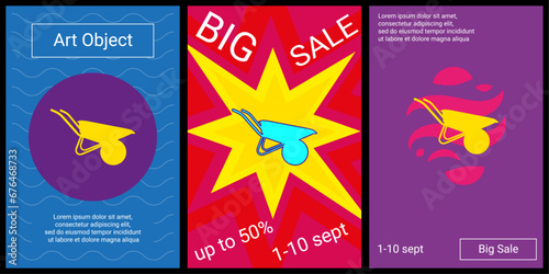 Trendy retro posters for organizing sales and other events. Large garden wheelbarrow symbol in the center of each poster. Vector illustration on black background