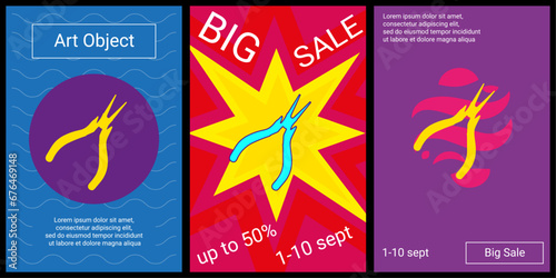 Trendy retro posters for organizing sales and other events. Large round pliers symbol in the center of each poster. Vector illustration on black background