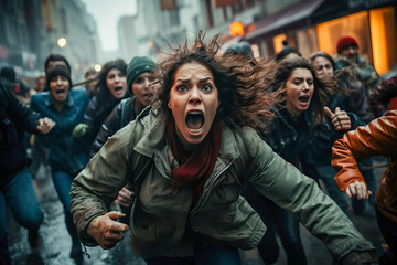 Panic in the city with people running in the street