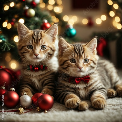 Two kittens and Christmas tree toys on a white bed at home.