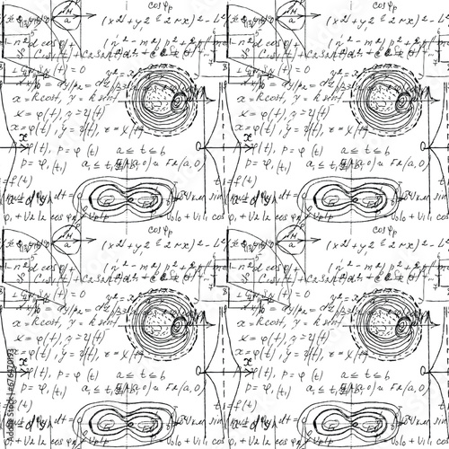 Mathematical seamless texture with handwritten math, algebra and geometry formulas and graphs, functions, calculations and operations. Vector.