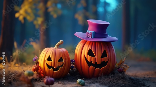Halloween wallpaper with fun and spooky 3d realistic pumpkins with carved faces. Creative festive holiday pumpkins. 