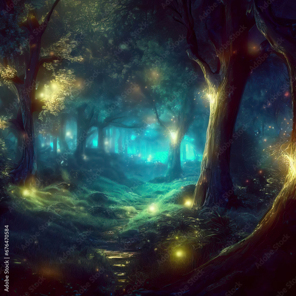 Fototapeta premium Fantasy forest at night, magic lights and fireflies in fairytale wood, Surreal mystical fantasy artwork. Generative AI