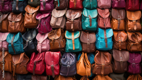 Wallpaper with beautiful stylish colorful bags, school backpacks. A lot of backpacks, copy space, backdrop.  photo