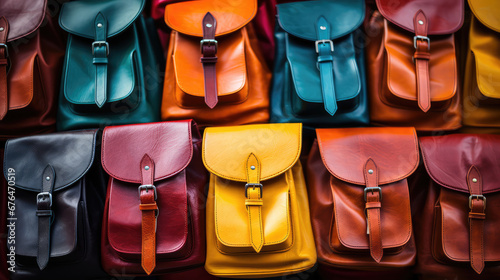 Wallpaper with beautiful stylish colorful bags, school backpacks. A lot of backpacks, copy space, backdrop.  © dinastya