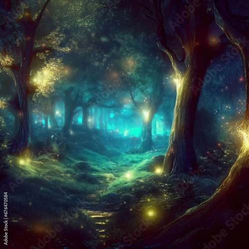 Fantasy forest at night, magic lights and fireflies in fairytale wood, Surreal mystical fantasy artwork. Generative AI