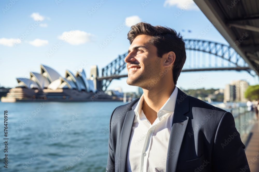 Wealthy attractive happy young male executive smiling looking away posing in downtown sydney. Wealthy attractive happy young male executive smiling looking away posing in downtown sydney.