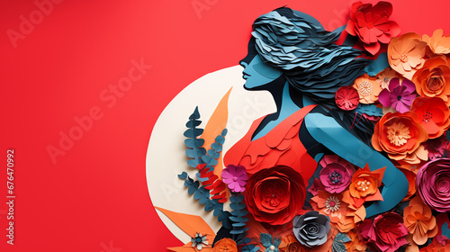 International Women's Day greeting Background with frame of flower and leaves , Paper art style. photo