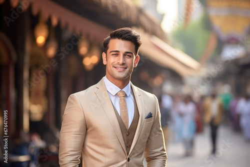 Wealthy attractive happy young male executive smiling looking away posing in downtown mumbai.