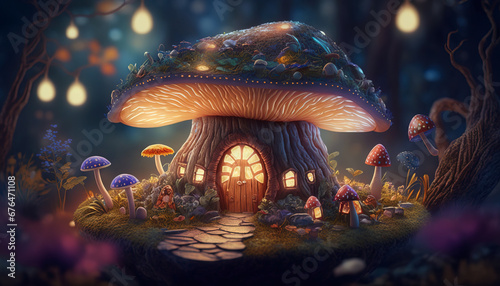 Mushroom house in the Enchanted Woods. Surreal mystical fantasy artwork. Generative AI