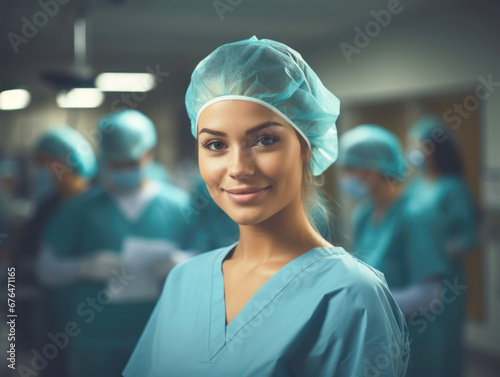 An American surgeon radiates joy with a broad smile in the hospital's operating room, celebrating the successful completion of a demanding surgery. Ample space for text.