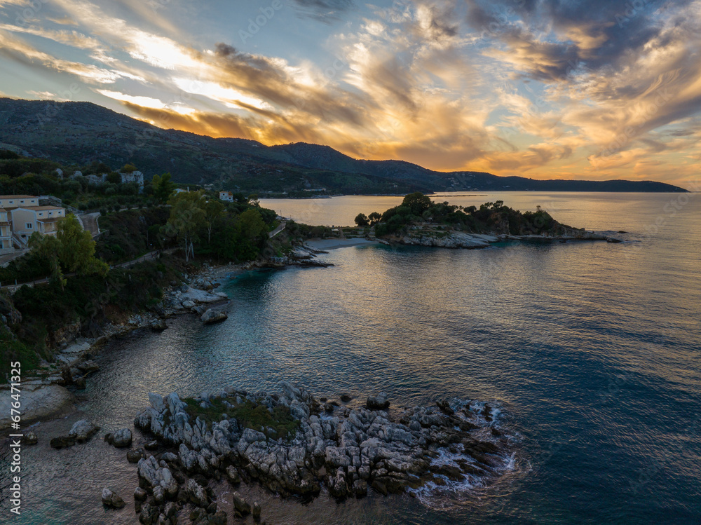 Aerial drone view of famous bataria beach in kassiopi village,Greece