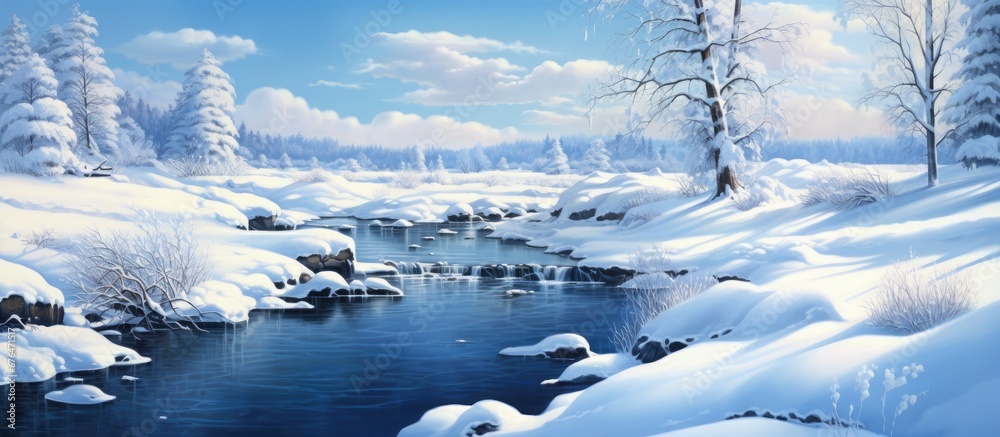 In the winter the sky turns a crisp blue as snow blankets the trees and coats the river bank in a glistening white layer of ice while stones line the shore of the frozen stream watching its