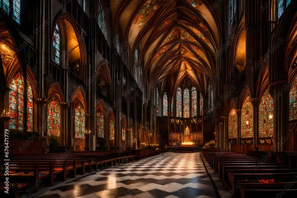 A grand, festively decorated cathedral with intricate stained glass windows and candlelit aisles.