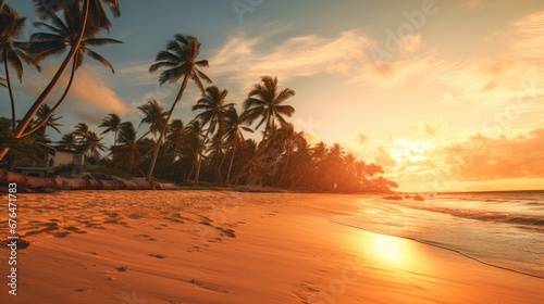  the sun is setting on the beach with palm trees in the foreground and footprints in the sand in the foreground.  generative ai © Oleg