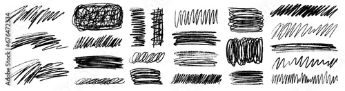 Grunge scrawls, charcoal scribbles, rough brush strokes, underlines and circles. Bold charcoal freehand stripes and ink shapes. Crayon or marker scribbles. Vector illustration