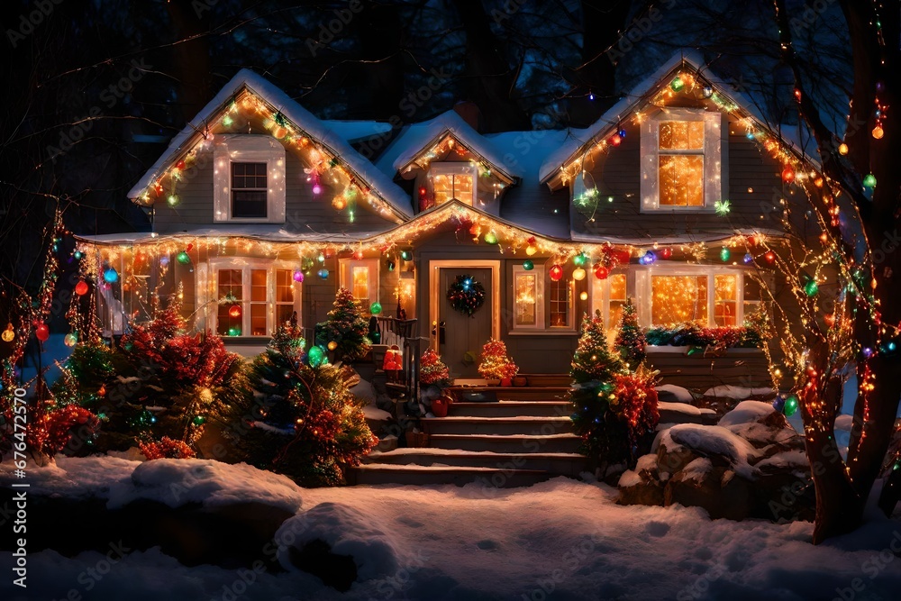 A festive display of holiday lights, illuminating a house with colorful bulbs and shimmering g