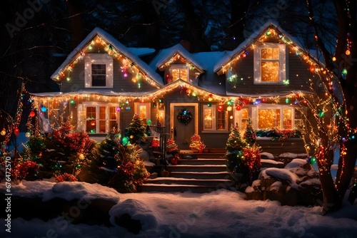 A festive display of holiday lights  illuminating a house with colorful bulbs and shimmering g
