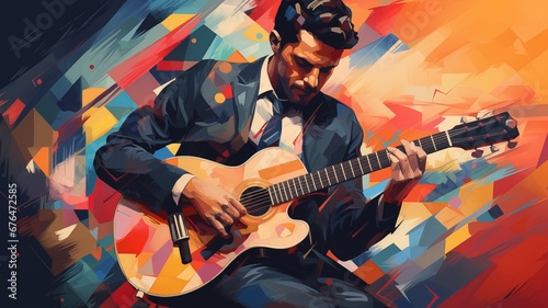 Guitarist in the style of bright geometric abstractions by Generative AI