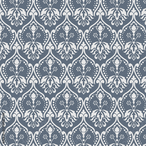 Muted dusty blue and gray Damask pattern in a repeating pattern and modern colors for backgrounds, backdrops and design elements.
