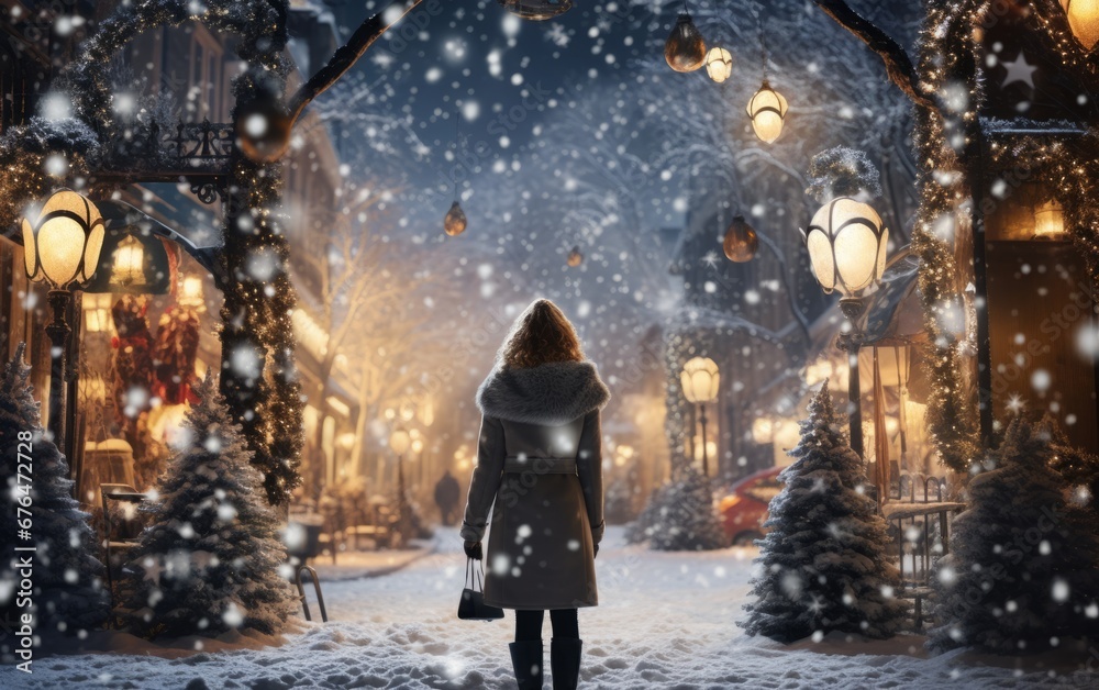 persona tra le luci la neve in strada a natale persona tra le luci la neve in strada a natale