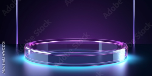 3d glass podium platform for product display on purple blue futuristic background, empty crystal mock up podium on dark background.