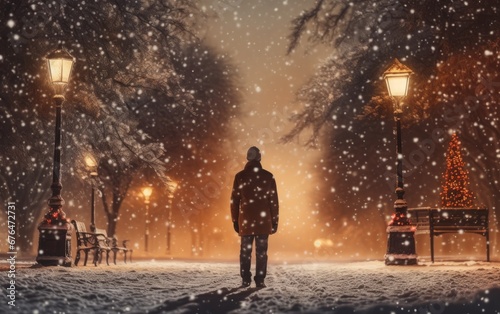 persona tra le luci la neve in strada a natale photo
