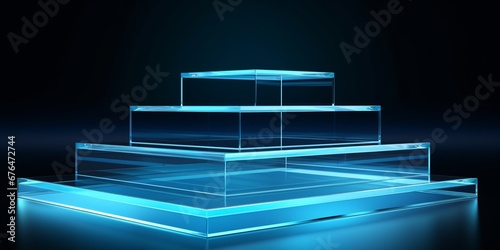 Minimal background for branding and product presentation. Blue crystal clean glass panel and blue podium on blue background. 