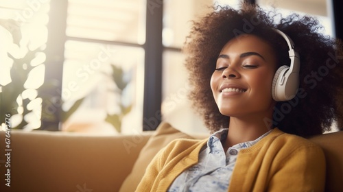 Fotografiet Happy chilled African American young woman relaxing on cozy sofa on bright modern home background with copy space, have fun at home, happy holidays concept