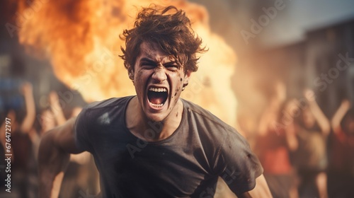 Young angry man screaming on smoky background, concept of protest, furious, entitle opinions. photo