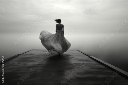 A woman in a white tulle dress walks towards the fog. Black and white, depressing, monotonous, sad.