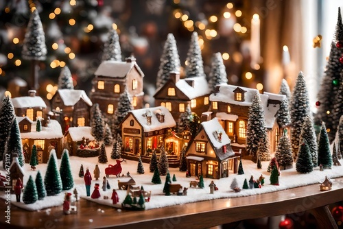 A festive tabletop with a Christmas village display, complete with miniature houses and figurines. --